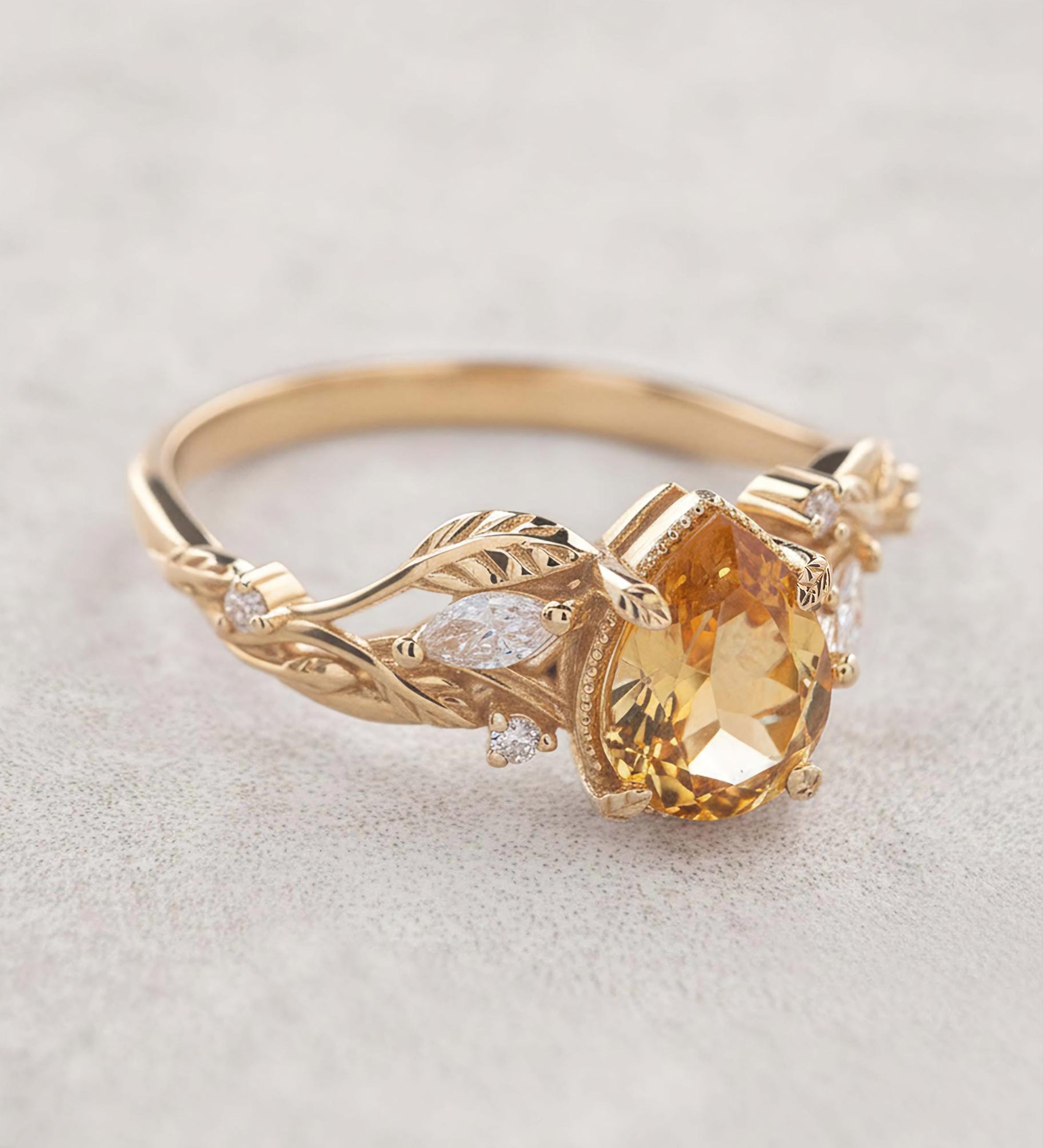 Natural citrine engagement ring, promise ring with leaves and diamonds / Patricia - Eden Garden Jewelry™