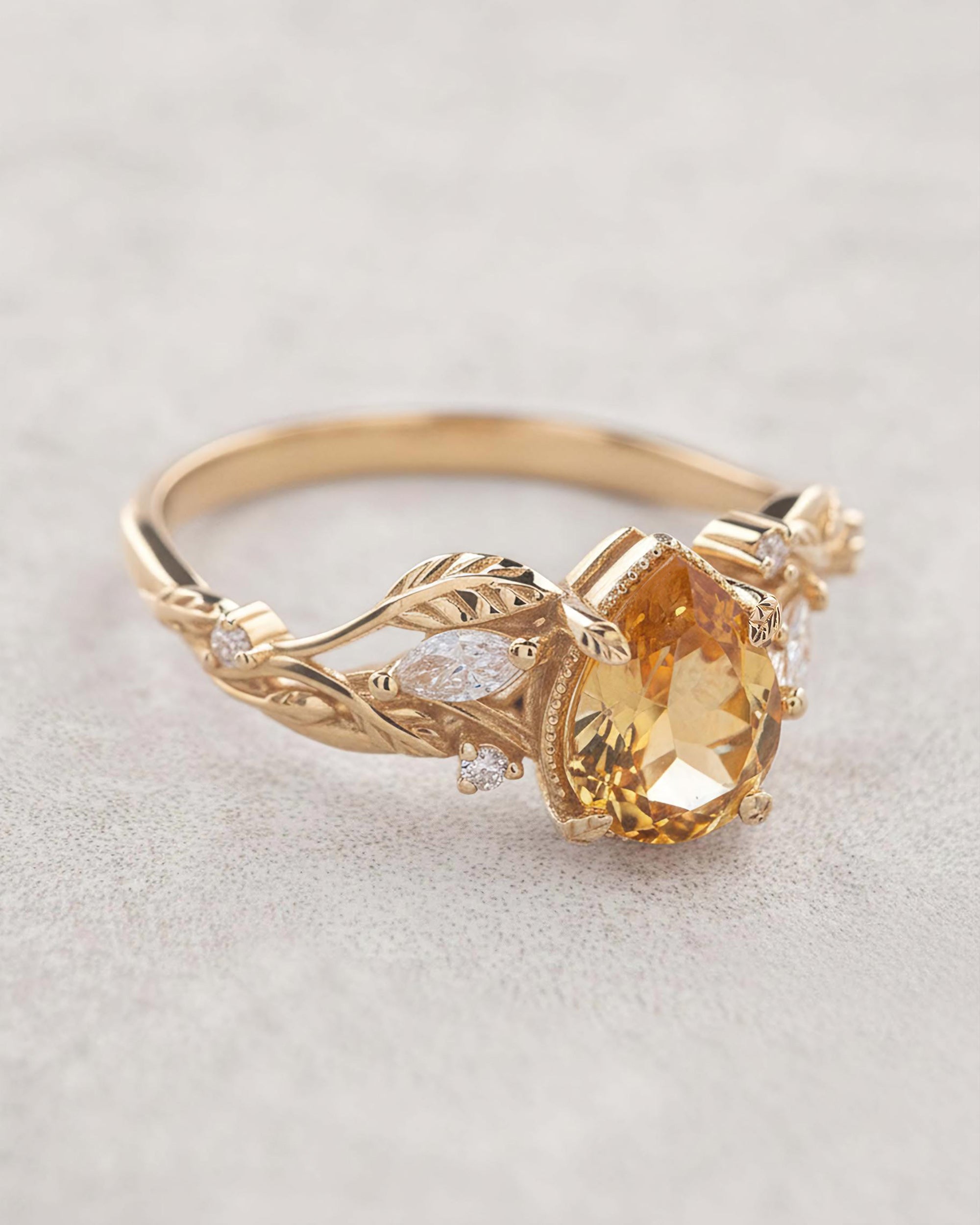 Natural citrine engagement ring, promise ring with leaves and diamonds / Patricia - Eden Garden Jewelry™