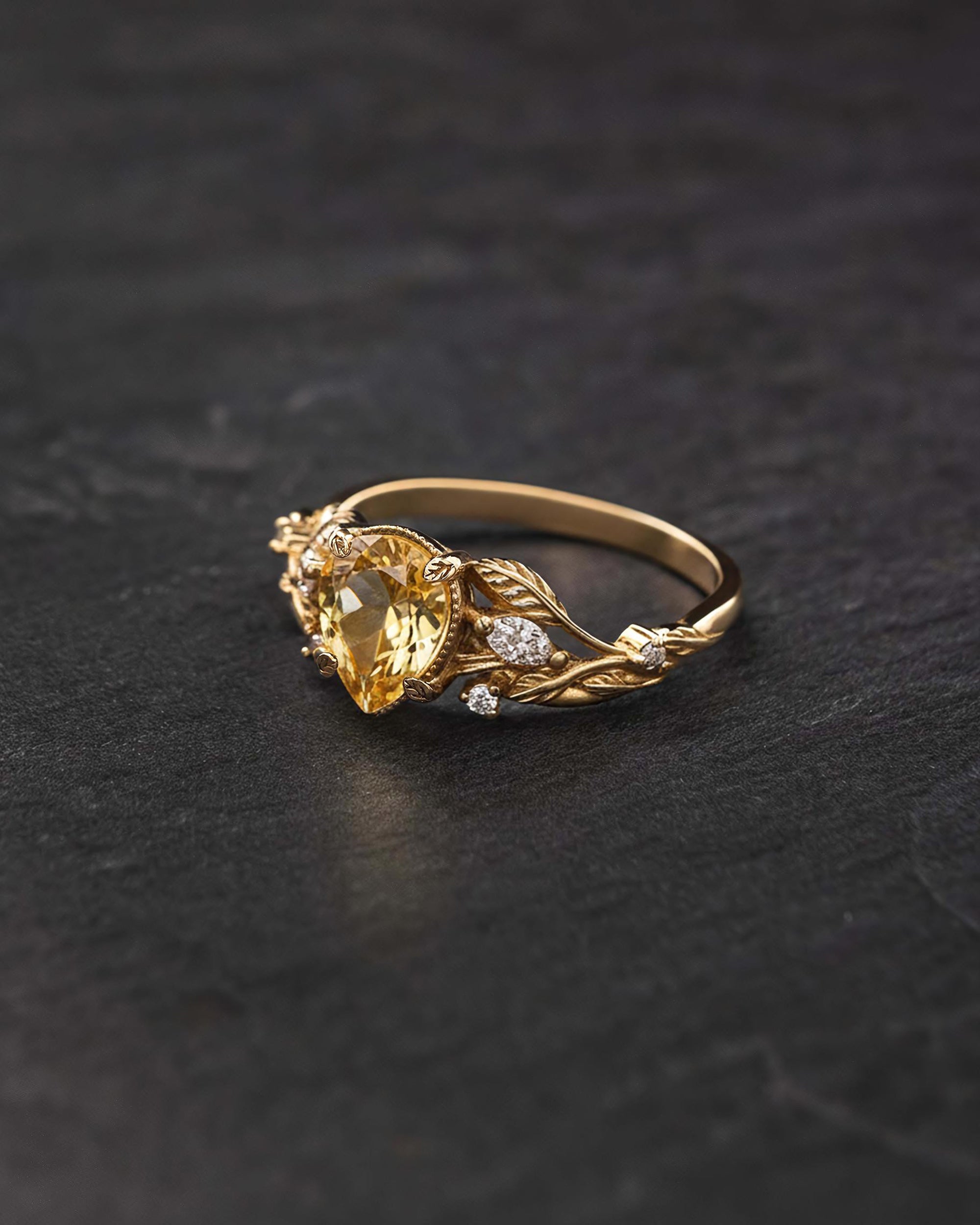 Natural citrine engagement ring, promise ring with leaves and diamonds / Patricia - Eden Garden Jewelry™