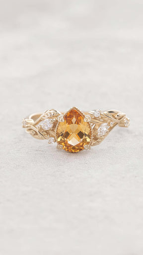 Natural citrine engagement ring, promise ring with leaves and diamonds / Patricia - Eden Garden Jewelry™