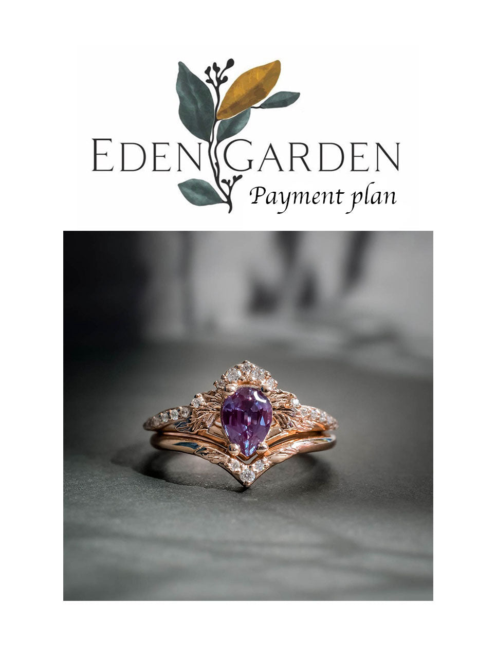 2 installments payment plan: Lab alexandrite engagement ring set, rose gold, pear cut / Amelia - Eden Garden Jewelry™