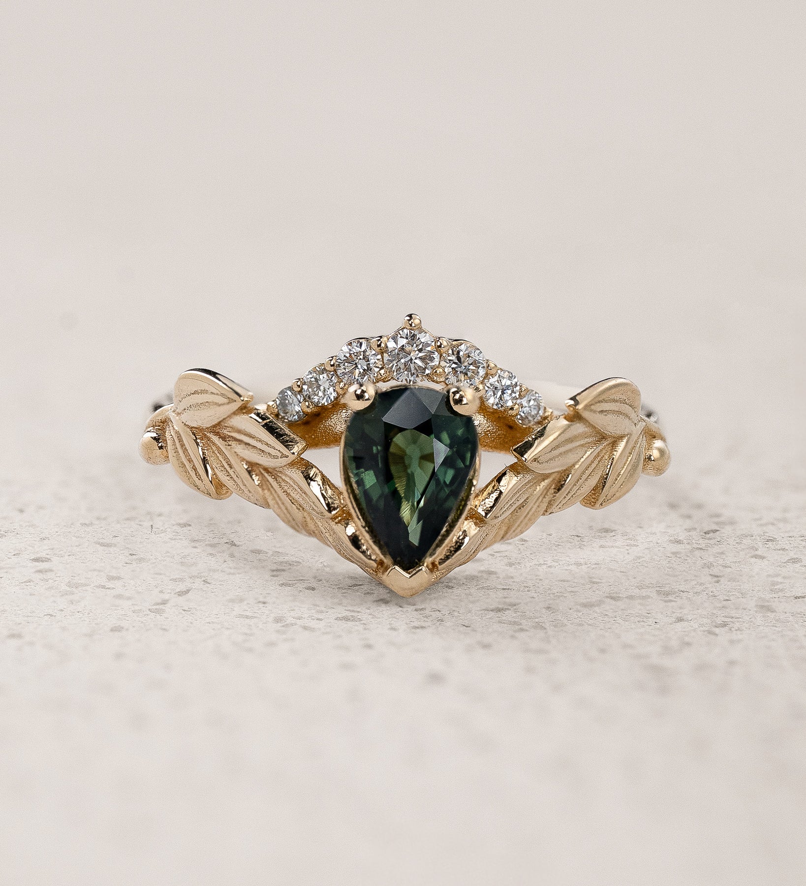 Pear-Cut Green (Natural) Sapphire Engagement Ring / Palmira Crown - Eden Garden Jewelry™