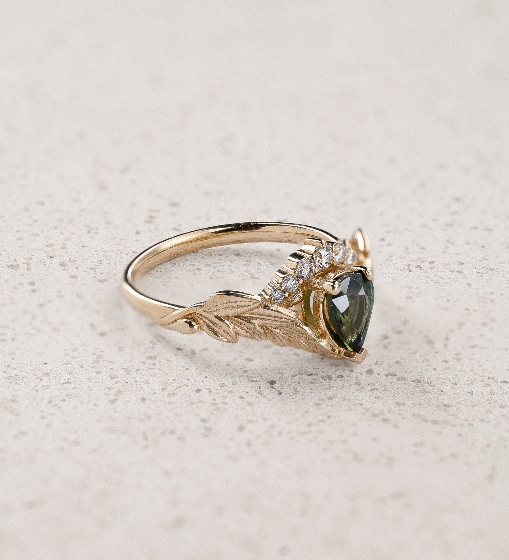 Pear-Cut Green (Natural) Sapphire Engagement Ring / Palmira Crown - Eden Garden Jewelry™