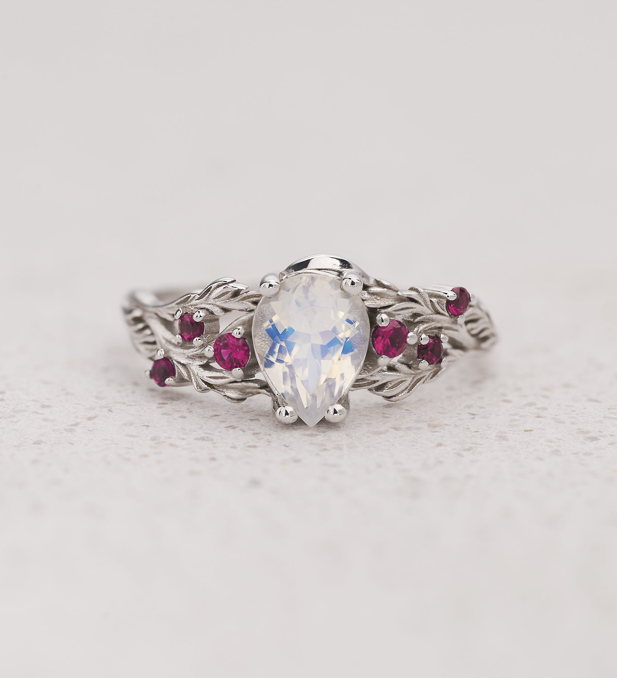 Pear-Cut Moonstone Engagement Ring with Accent Rubies / Japanese Maple - Eden Garden Jewelry™