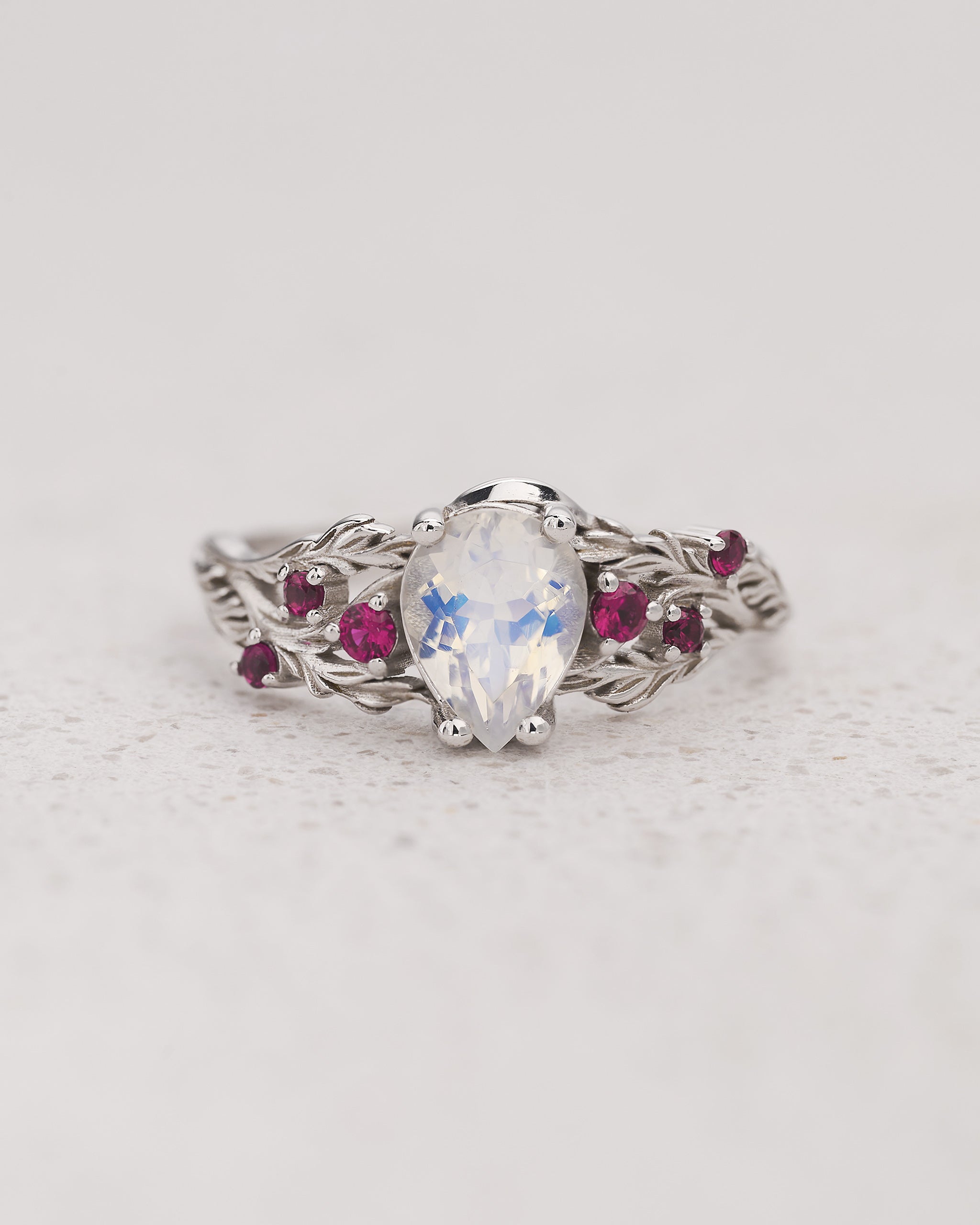Pear-Cut Moonstone Engagement Ring with Accent Rubies / Japanese Maple - Eden Garden Jewelry™