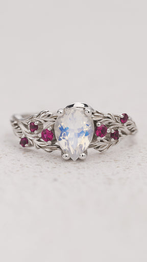 Pear-Cut Moonstone Engagement Ring with Accent Rubies / Japanese Maple - Eden Garden Jewelry™