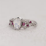 Pear-Cut Moonstone Engagement Ring with Accent Rubies / Japanese Maple - Eden Garden Jewelry™