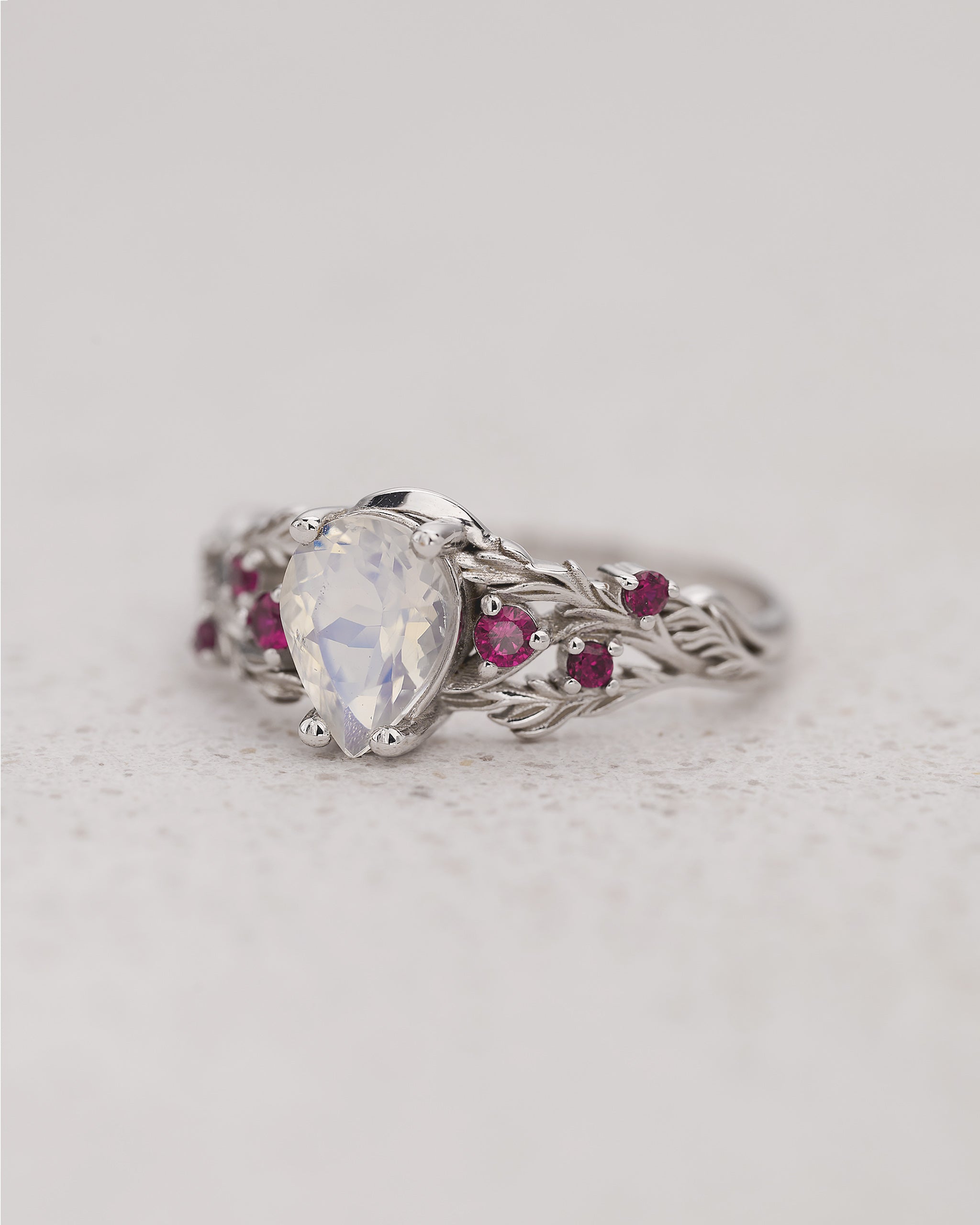 Pear-Cut Moonstone Engagement Ring with Accent Rubies / Japanese Maple - Eden Garden Jewelry™