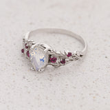 Pear-Cut Moonstone Engagement Ring with Accent Rubies / Japanese Maple - Eden Garden Jewelry™