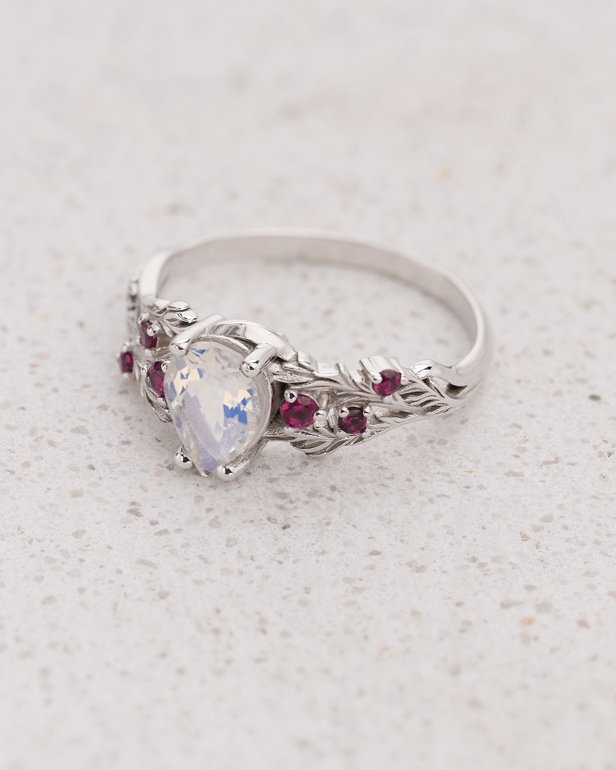 Pear-Cut Moonstone Engagement Ring with Accent Rubies / Japanese Maple - Eden Garden Jewelry™