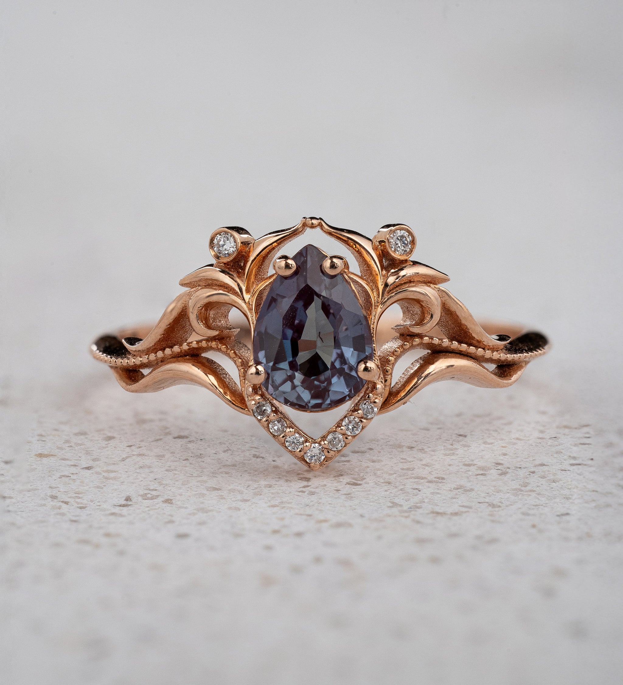 Pear cut alexandrite and diamonds engagement ring / Lida small - Eden Garden Jewelry™