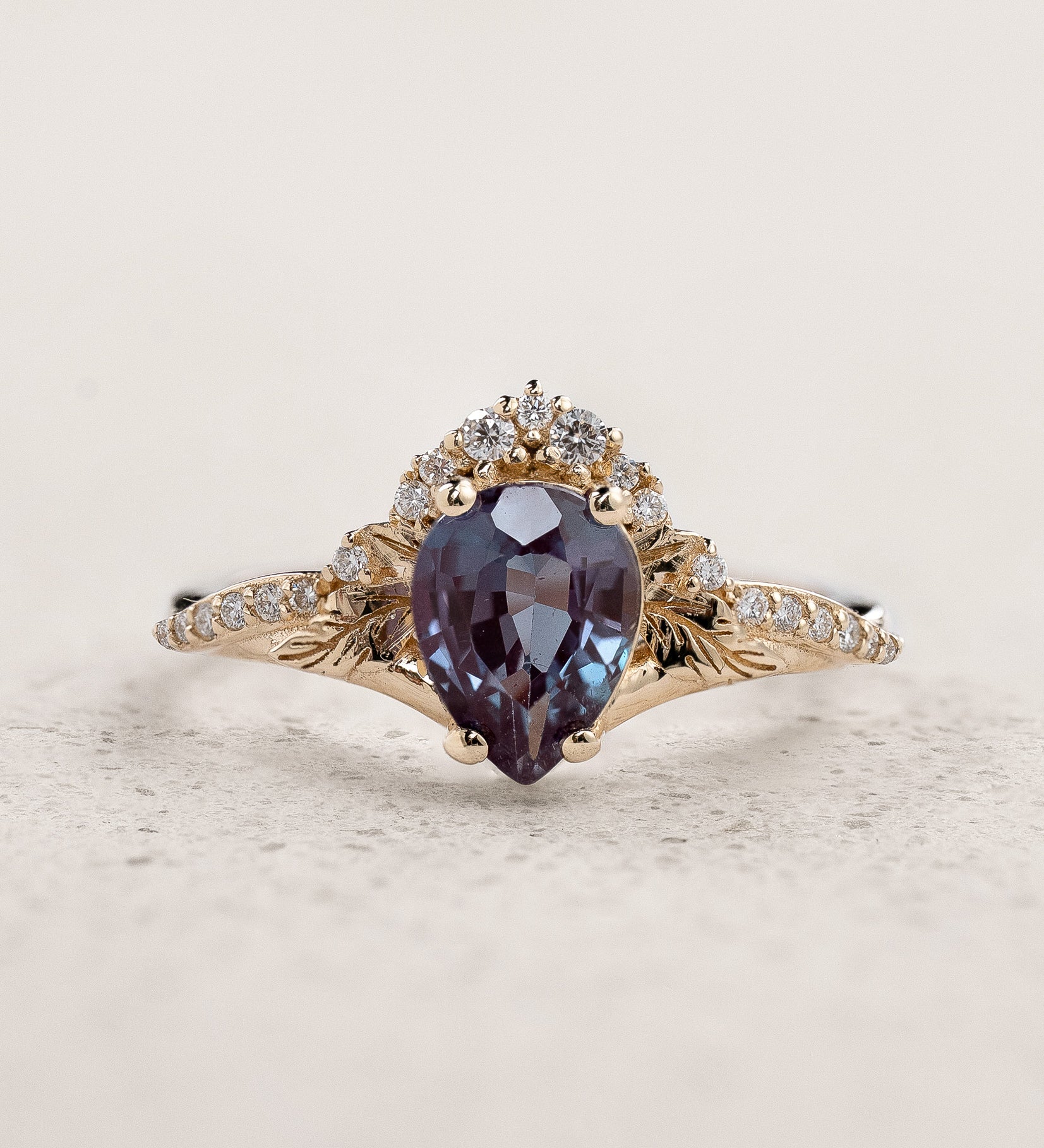 Pear lab alexandrite engagement ring, nature inspired proposal ring with accent diamonds / Amelia - Eden Garden Jewelry™