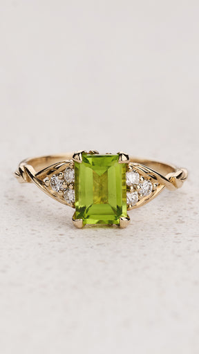 READY TO SHIP Gloria ring in 14K yellow gold, natural peridot 8x6 mm, accent lab diamonds, AVAILABLE RING SIZES: 5.5 - 8.5 US - Eden Garden Jewelry™