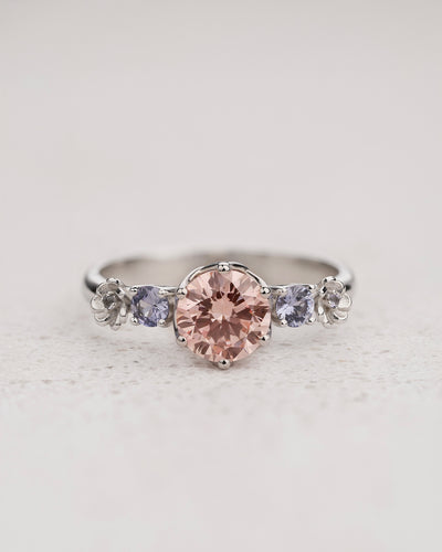 READY TO SHIP Fiorella ring with pink lab diamond and accent sapphires & tanzanites, 14K white gold, AVAILABLE RING SIZES 5.5 - 8.5 US - Eden Garden Jewelry™