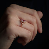 Pink sapphire engagement ring, gold leaf ring with marquise cut gemstone and diamond halo / Florentina