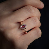 Pink sapphire engagement ring, gold leaf ring with marquise cut gemstone and diamond halo / Florentina