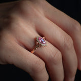 Pink sapphire engagement ring, gold leaf ring with marquise cut gemstone and diamond halo / Florentina