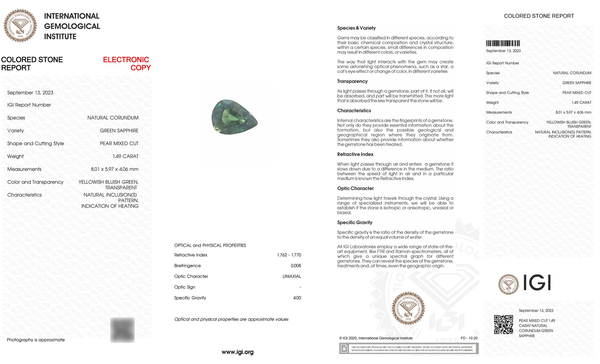 Sapphire teal | IGI certified | natural, bluish green, pear cut 8x6 mm, VS 1.49 ct - Eden Garden Jewelry™