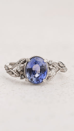 READY TO SHIP Patricia ring in 14K white gold, natural blue sapphire 8.8x6.6 mm, accent natural diamonds, AVAILABLE RING SIZES 5.5 - 8.5 US - Eden Garden Jewelry™
