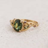 READY TO SHIP Patricia asymmetric ring, 14K yellow gold, natural green sapphire oval-cut 8x6 mm, accent sapphires & tourmalines, AVAILABLE RING SIZES 5.5 - 8.5 US