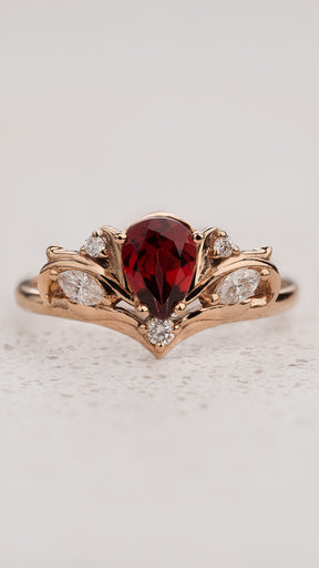 READY TO SHIP Swanlake engagement ring in 14K rose gold, pear garnet 7x5 mm, natural diamonds, AVAILABLE RING SIZES: 5.5 - 8.5 US - Eden Garden Jewelry™