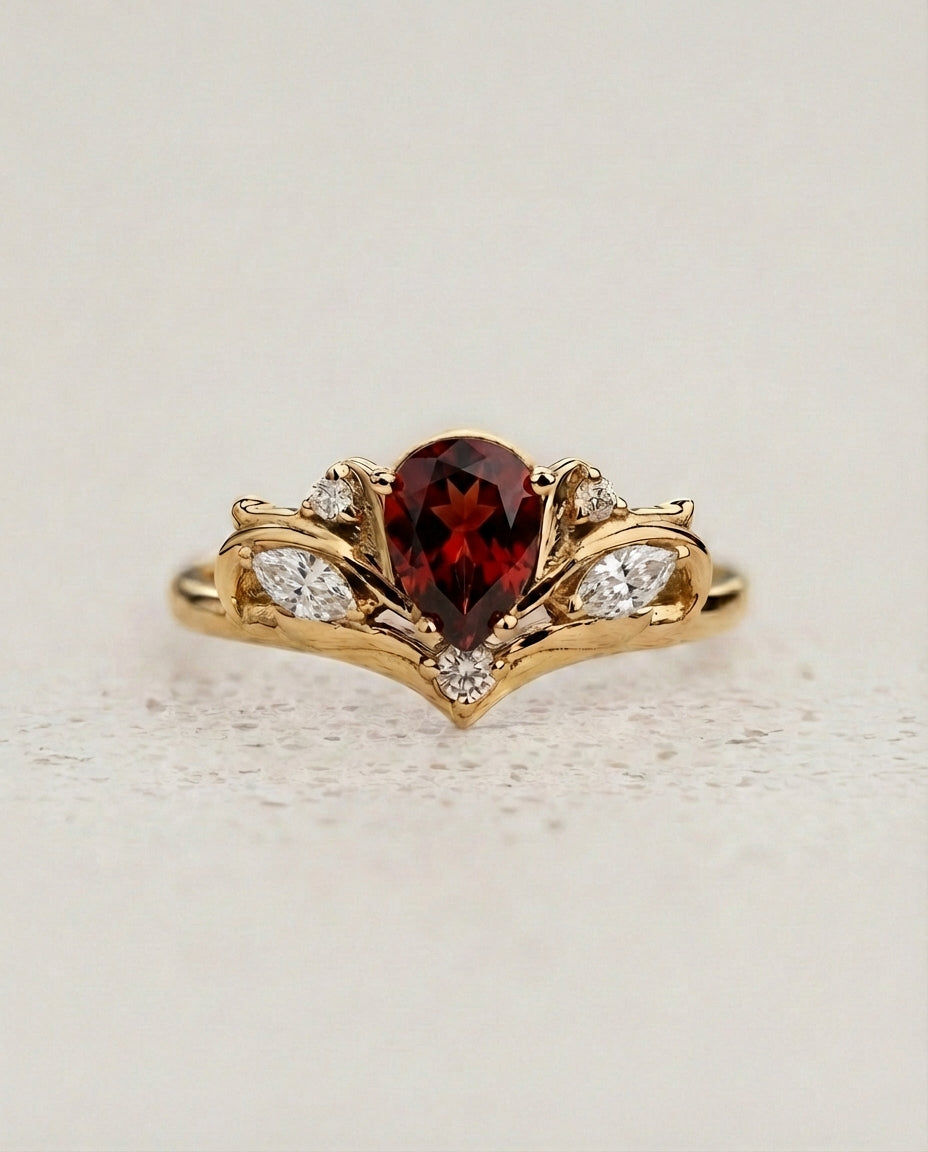 READY TO SHIP Swanlake ring in 18K yellow gold, natural garnet pear 7x5 mm, natural diamonds, AVAILABLE RING SIZES: 8 - 11 US - Eden Garden Jewelry™