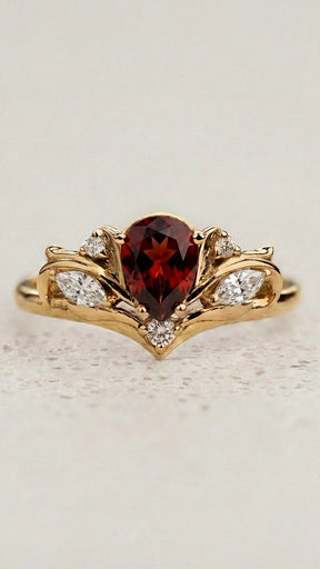 READY TO SHIP Swanlake ring in 18K yellow gold, natural garnet pear 7x5 mm, natural diamonds, AVAILABLE RING SIZES: 8 - 11 US - Eden Garden Jewelry™