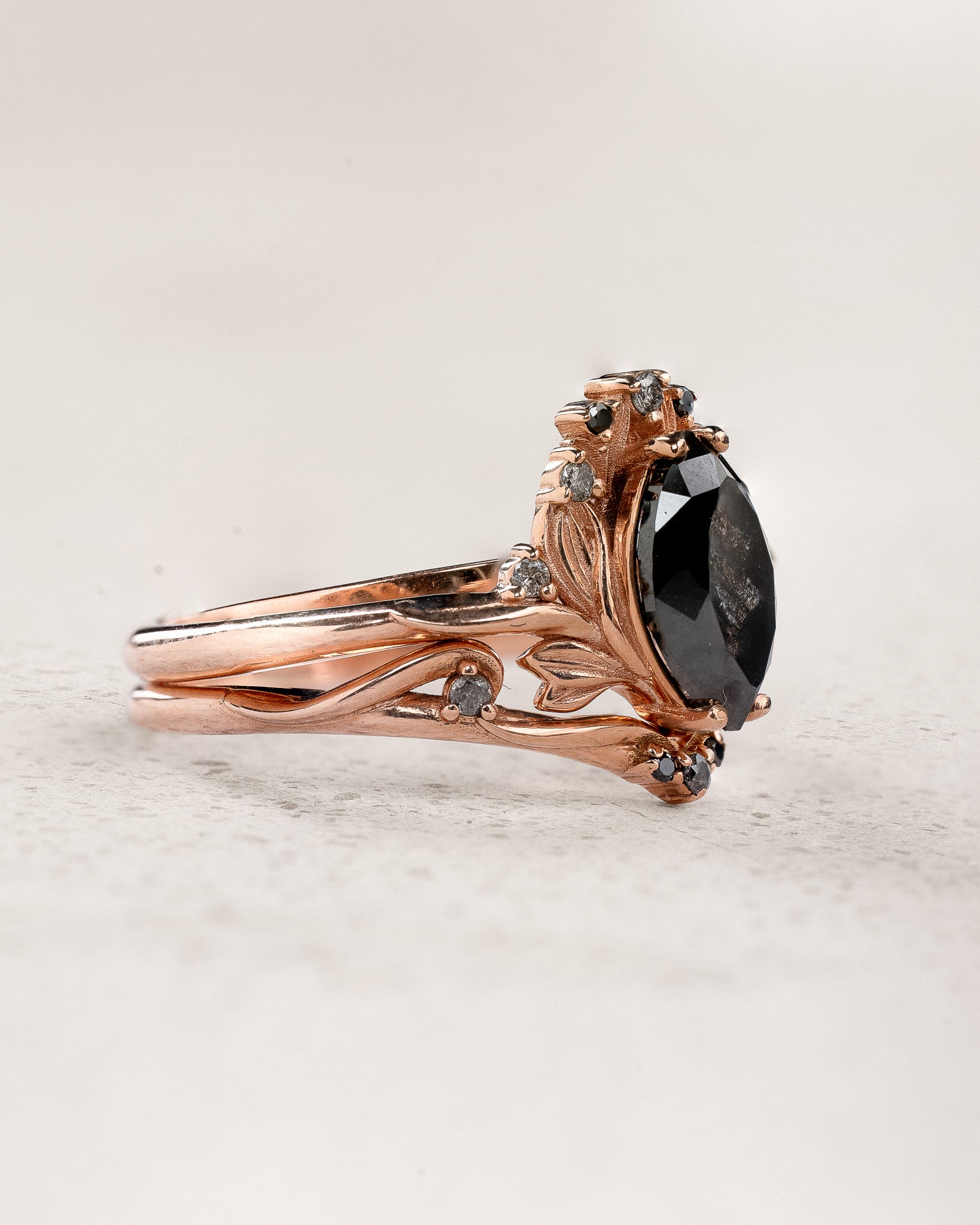 READY TO SHIP: Unique Iris bridal set in 14K rose gold with natural salt&pepper diamond & natural accent diamonds, AVAILABLE RING SIZES: 5.5 - 8.5 US - Eden Garden Jewelry™