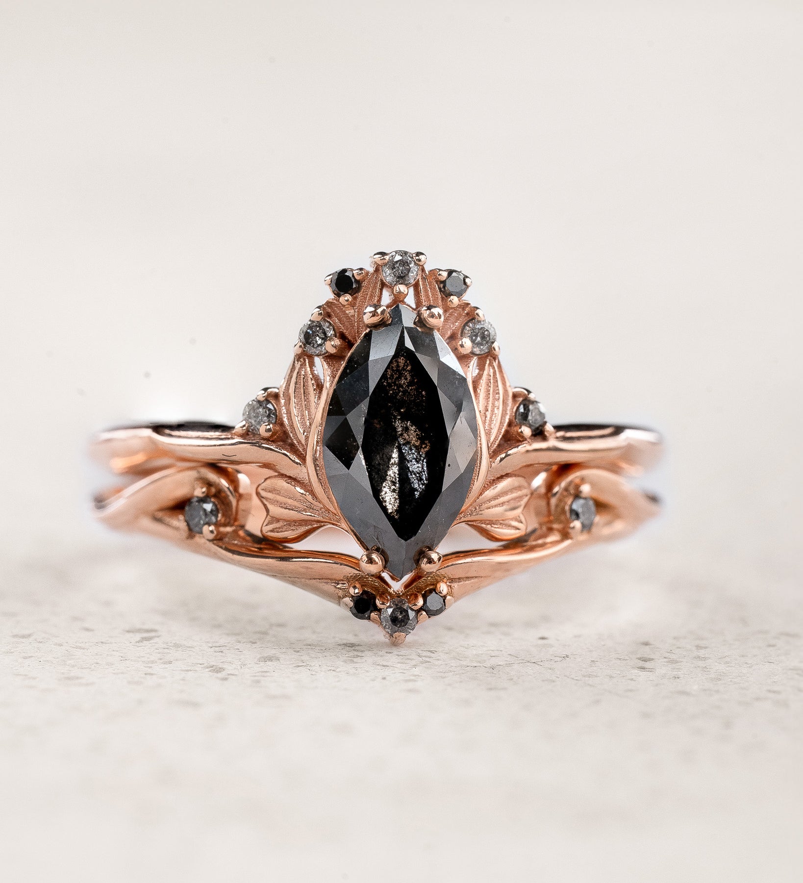 READY TO SHIP: Unique Iris bridal set in 14K rose gold with natural salt&pepper diamond & natural accent diamonds, AVAILABLE RING SIZES: 5.5 - 8.5 US - Eden Garden Jewelry™