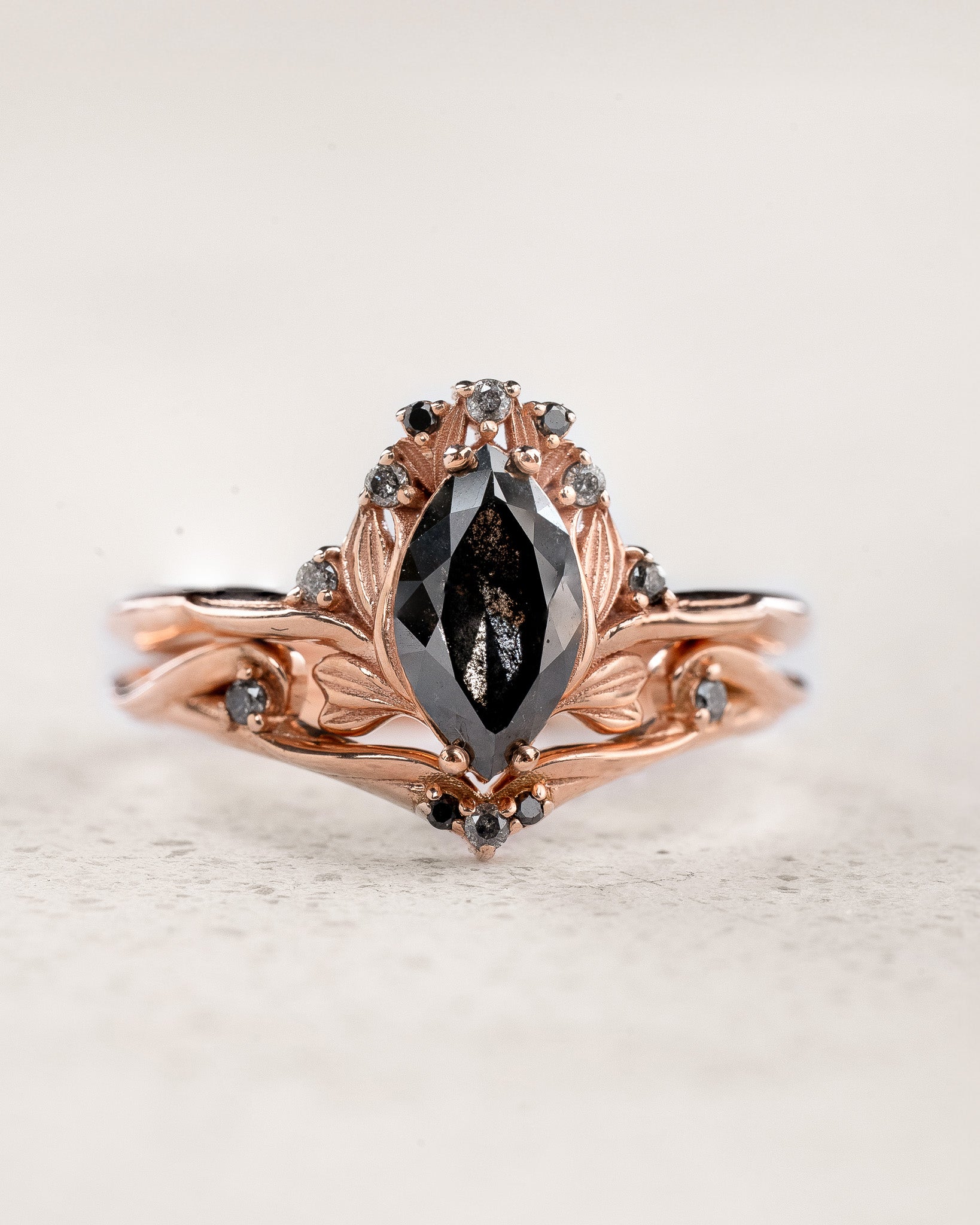 READY TO SHIP: Unique Iris bridal set in 14K rose gold with natural salt&pepper diamond & natural accent diamonds, AVAILABLE RING SIZES: 5.5 - 8.5 US - Eden Garden Jewelry™