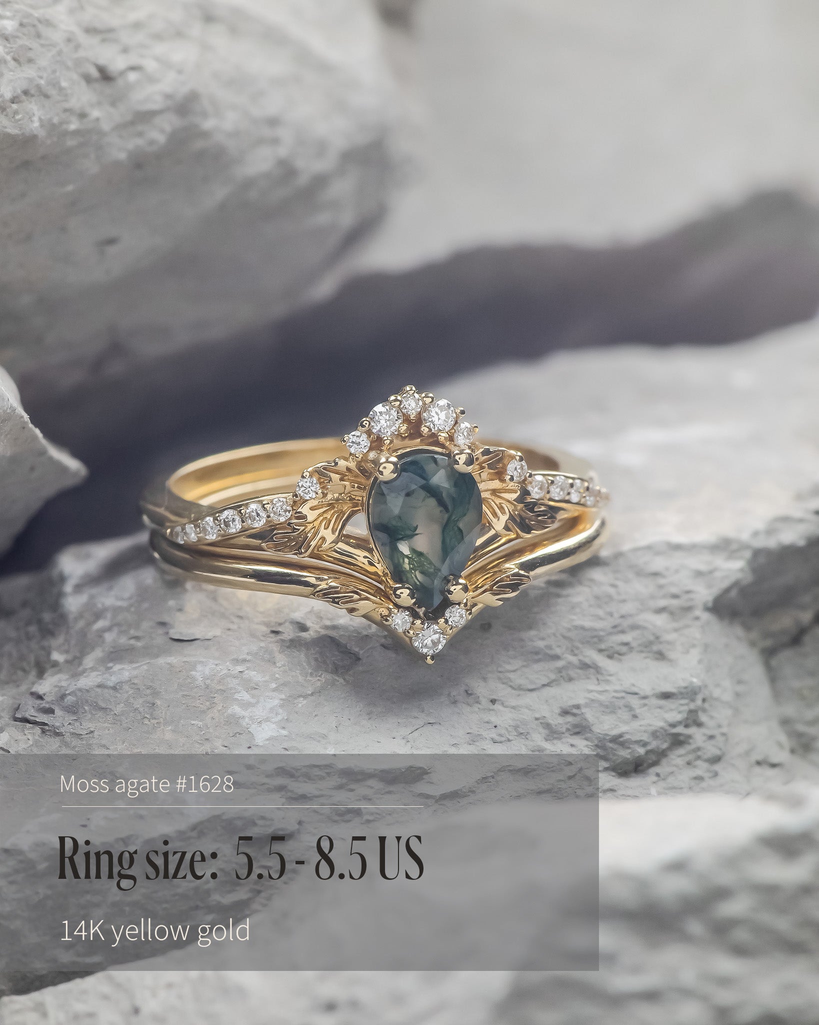 READY TO SHIP: Amelia in 14K yellow gold, bridal ring set with natural green moss agate and diamonds, AVAILABLE RING SIZES: 6-8 US