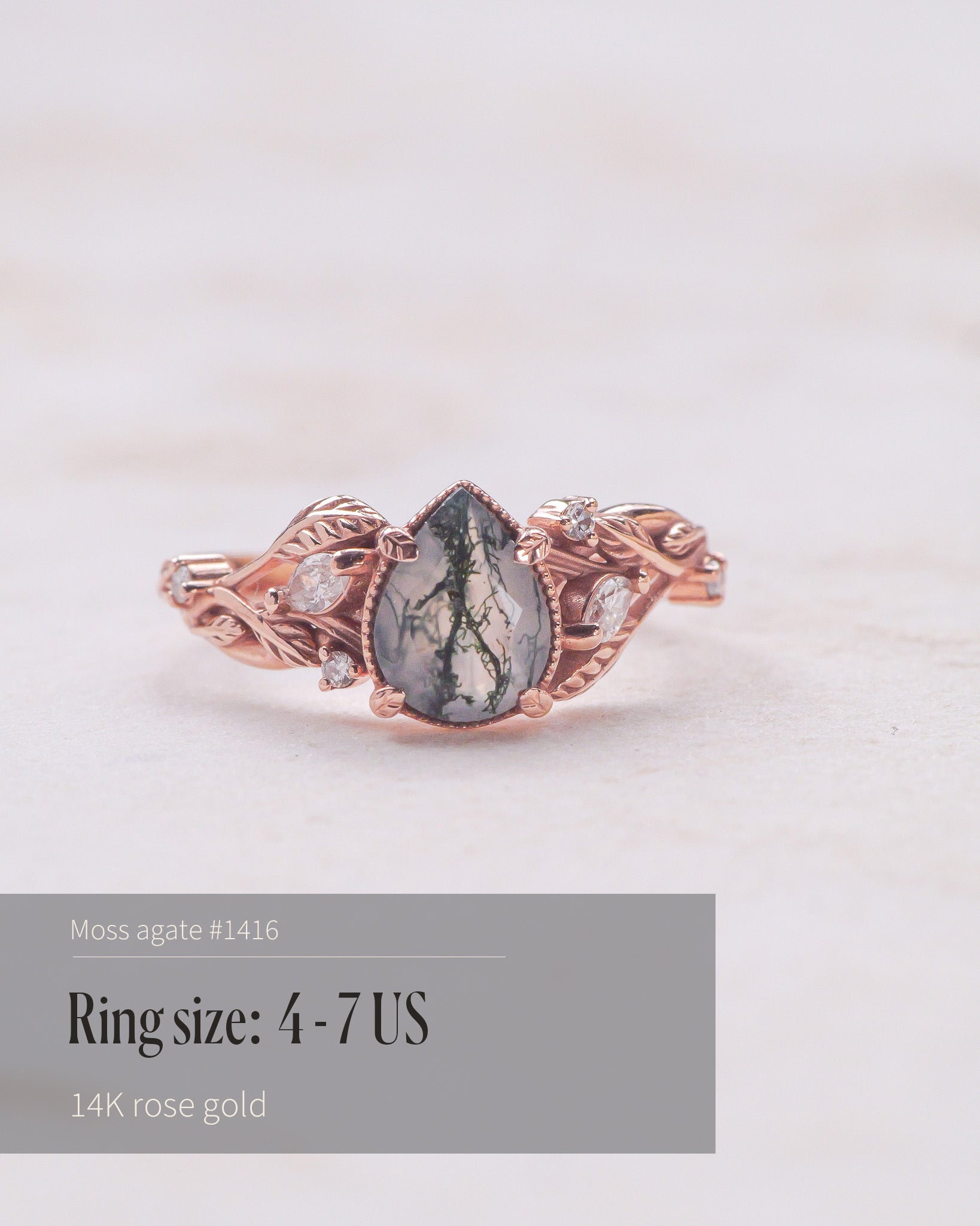 READY TO SHIP: Patricia ring in 14K or 18K rose gold, natural moss agate pear cut 8x6 mm, accent lab grown diamonds, AVAILABLE RING SIZES: 4.5 - 9.5 US - Eden Garden Jewelry™