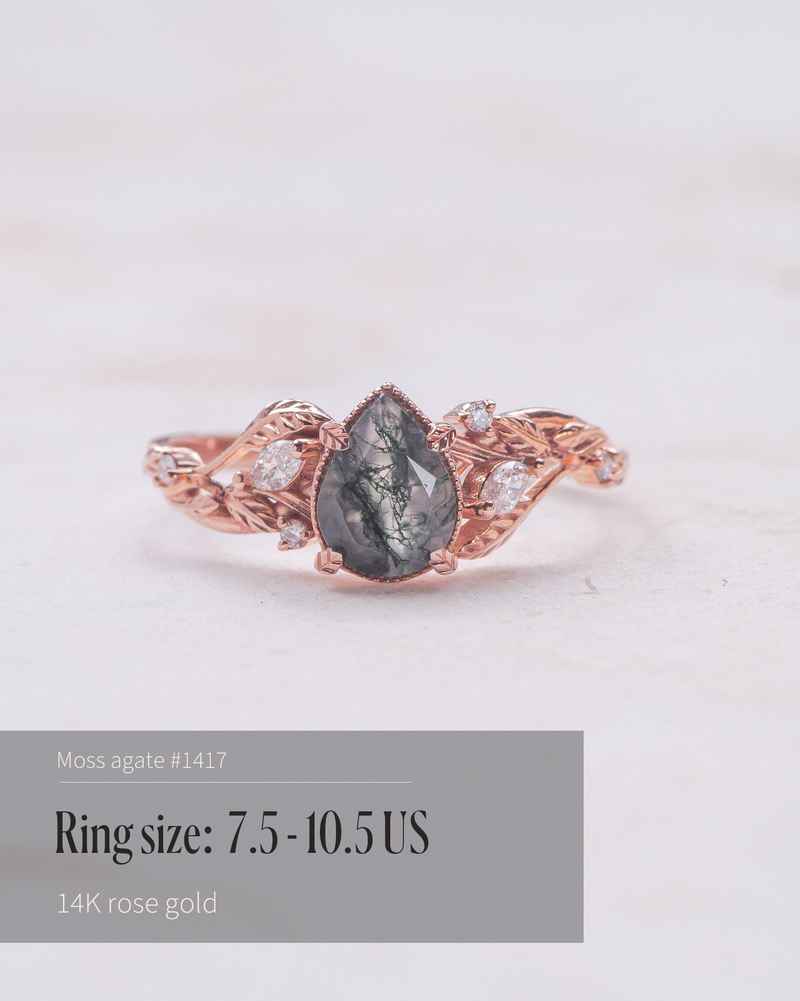 READY TO SHIP: Patricia ring in 14K or 18K rose gold, natural moss agate pear cut 8x6 mm, accent lab grown diamonds, AVAILABLE RING SIZES: 4.5 - 9.5 US - Eden Garden Jewelry™