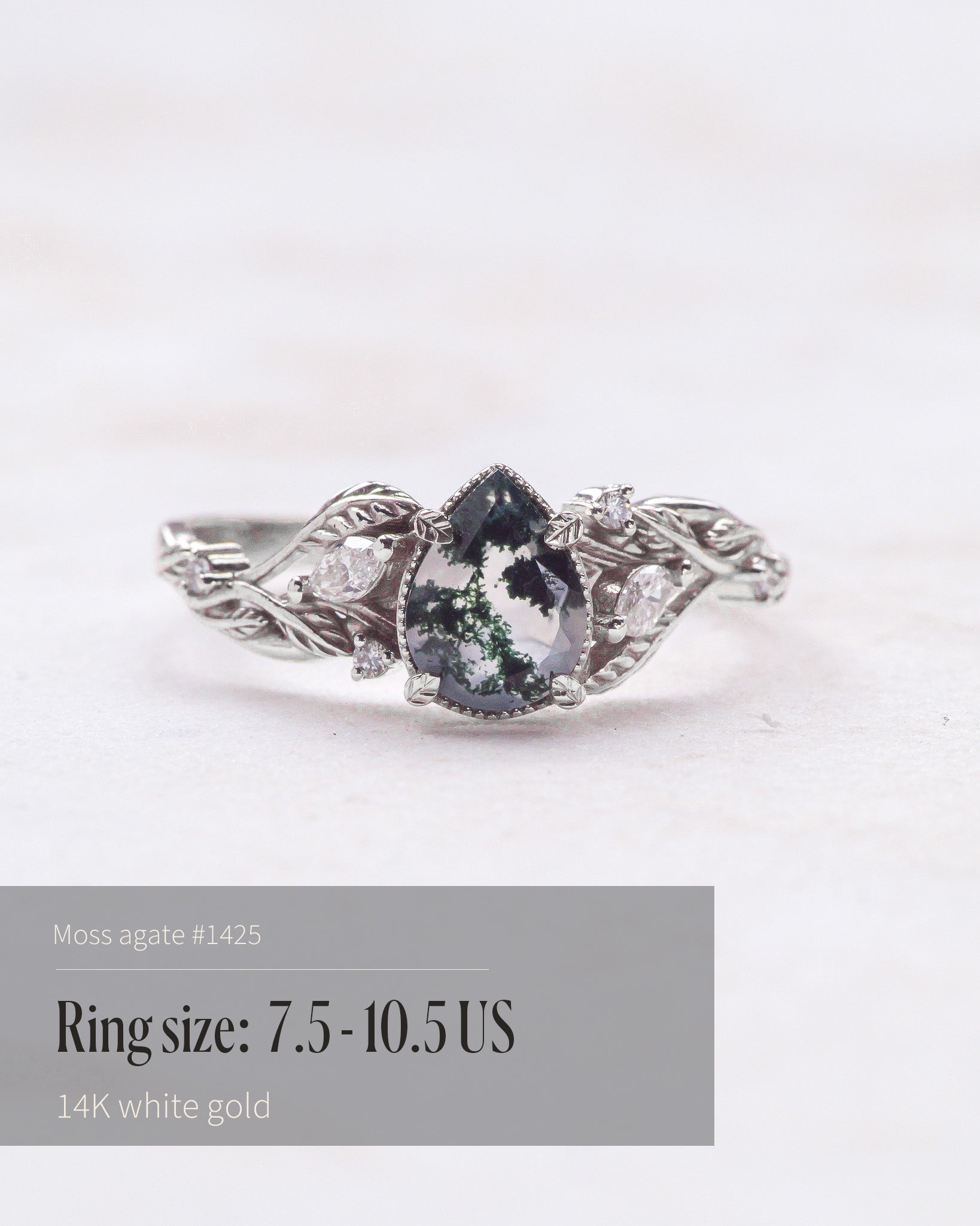 READY TO SHIP: Patricia ring in 14K white gold, natural moss agate pear cut 8x6 mm, accent lab grown diamonds, AVAILABLE RING SIZES: 4.5 - 9.5 US - Eden Garden Jewelry™
