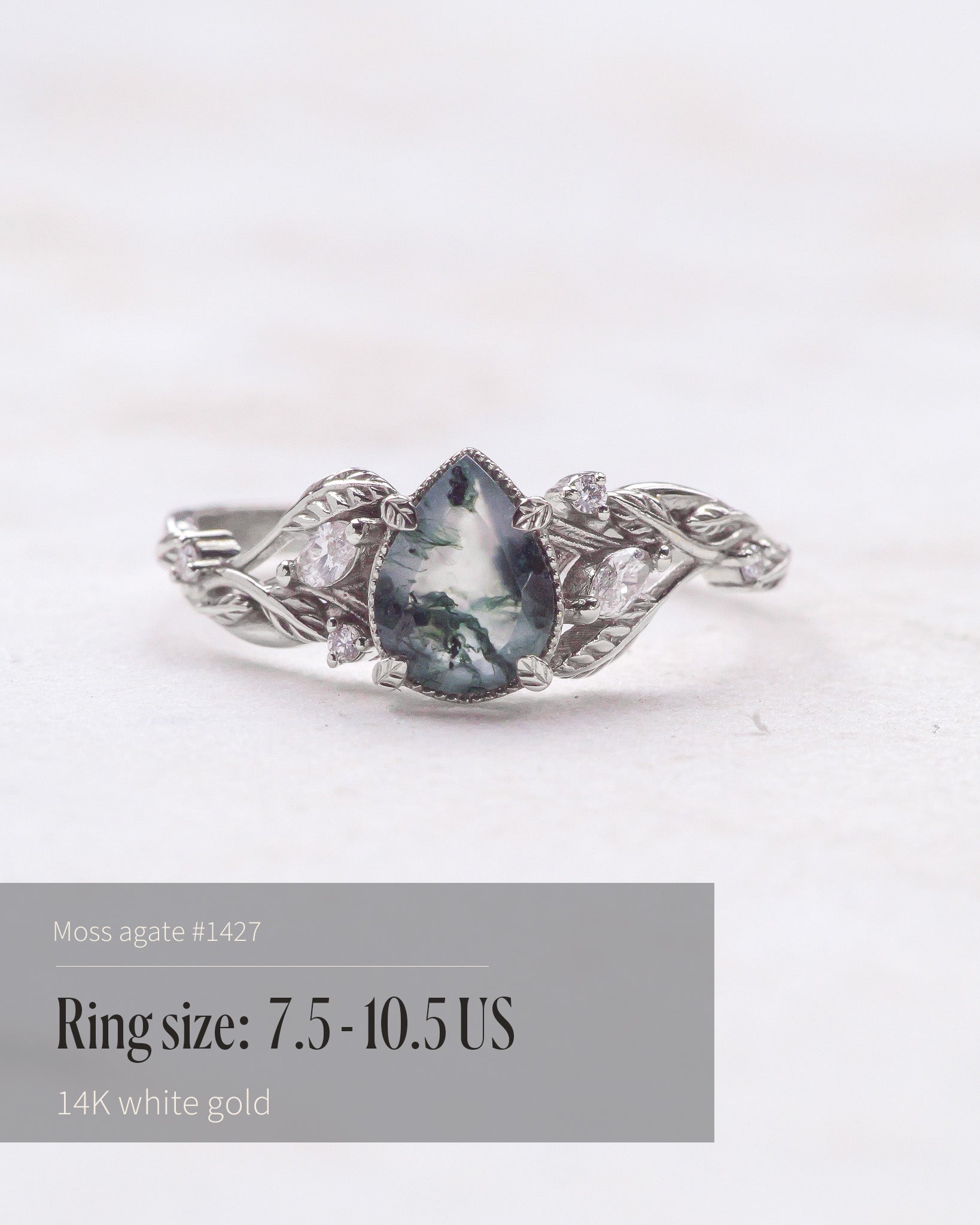 READY TO SHIP: Patricia ring in 14K white gold, natural moss agate pear cut 8x6 mm, accent lab grown diamonds, AVAILABLE RING SIZES: 4.5 - 9.5 US - Eden Garden Jewelry™