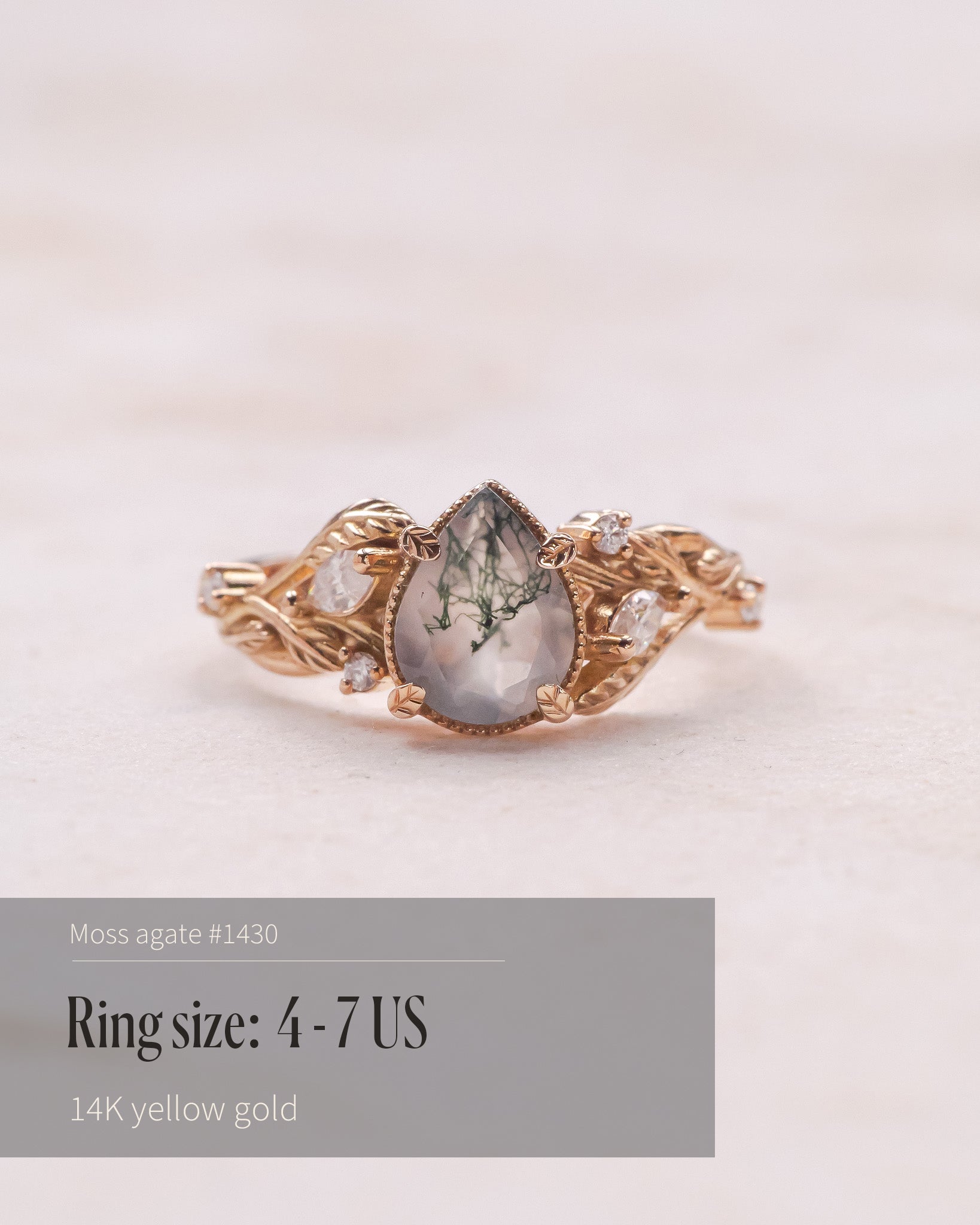 READY TO SHIP: Patricia ring in 14K or 18K yellow gold, natural moss agate pear cut 8x6 mm, accent moissanites, AVAILABLE RING SIZES: 4 - 9 US - Eden Garden Jewelry™