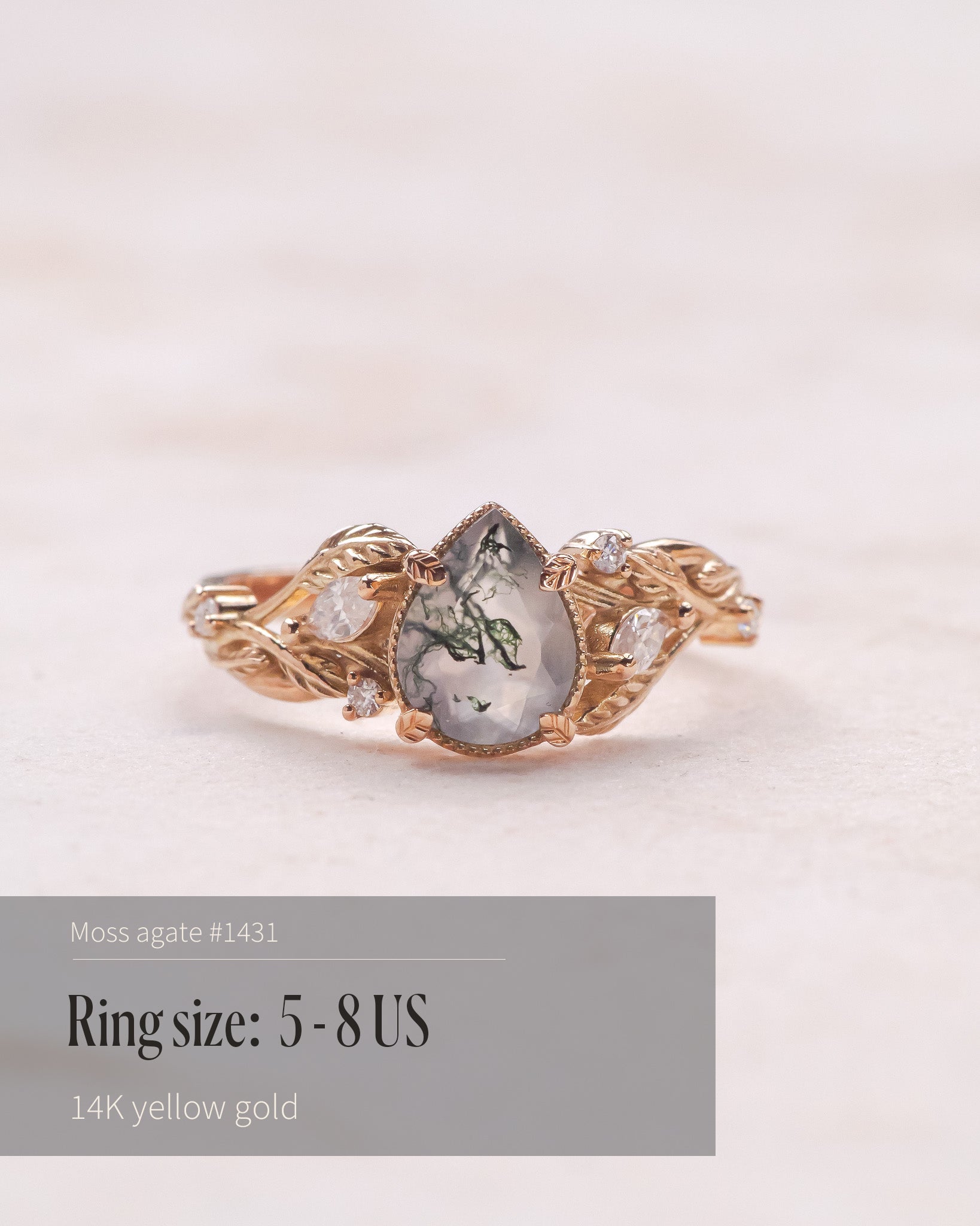 READY TO SHIP: Patricia ring in 14K or 18K yellow gold, natural moss agate pear cut 8x6 mm, accent moissanites, AVAILABLE RING SIZES: 4 - 9 US - Eden Garden Jewelry™