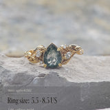 READY TO SHIP: Patricia ring in 14K or 18K yellow gold, natural moss agate pear cut 8x6 mm, accent lab grown diamonds, AVAILABLE RING SIZES: 5.5 - 9.5 US