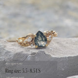 READY TO SHIP: Patricia ring in 14K or 18K yellow gold, natural moss agate pear cut 8x6 mm, accent lab grown diamonds, AVAILABLE RING SIZES: 5.5 - 9.5 US