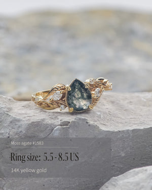 READY TO SHIP: Patricia ring in 14K or 18K yellow gold, natural moss agate pear cut 8x6 mm, accent lab grown diamonds, AVAILABLE RING SIZES: 5.5 - 9.5 US