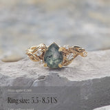 READY TO SHIP: Patricia ring in 14K or 18K yellow gold, natural moss agate pear cut 8x6 mm, accent lab grown diamonds, AVAILABLE RING SIZES: 5.5 - 9.5 US