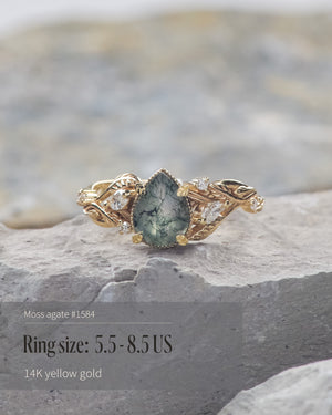 READY TO SHIP: Patricia ring in 14K or 18K yellow gold, natural moss agate pear cut 8x6 mm, accent lab grown diamonds, AVAILABLE RING SIZES: 5.5 - 9.5 US