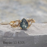 READY TO SHIP: Patricia ring in 14K or 18K yellow gold, natural moss agate pear cut 8x6 mm, accent lab grown diamonds, AVAILABLE RING SIZES: 5.5 - 9.5 US