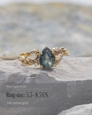 READY TO SHIP: Patricia ring in 14K or 18K yellow gold, natural moss agate pear cut 8x6 mm, accent lab grown diamonds, AVAILABLE RING SIZES: 5.5 - 9.5 US