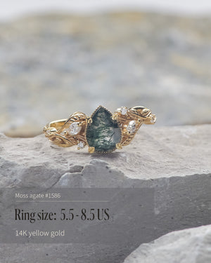 READY TO SHIP: Patricia ring in 14K or 18K yellow gold, natural moss agate pear cut 8x6 mm, accent lab grown diamonds, AVAILABLE RING SIZES: 5.5 - 9.5 US