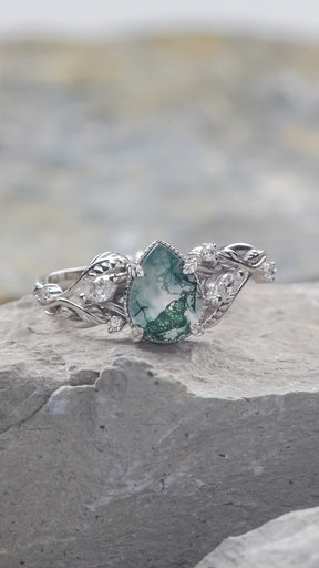 READY TO SHIP: Patricia ring in 14K white gold, natural moss agate pear cut 8x6 mm, accent lab grown diamonds, AVAILABLE RING SIZES: 4.5 - 9.5 US - Eden Garden Jewelry™