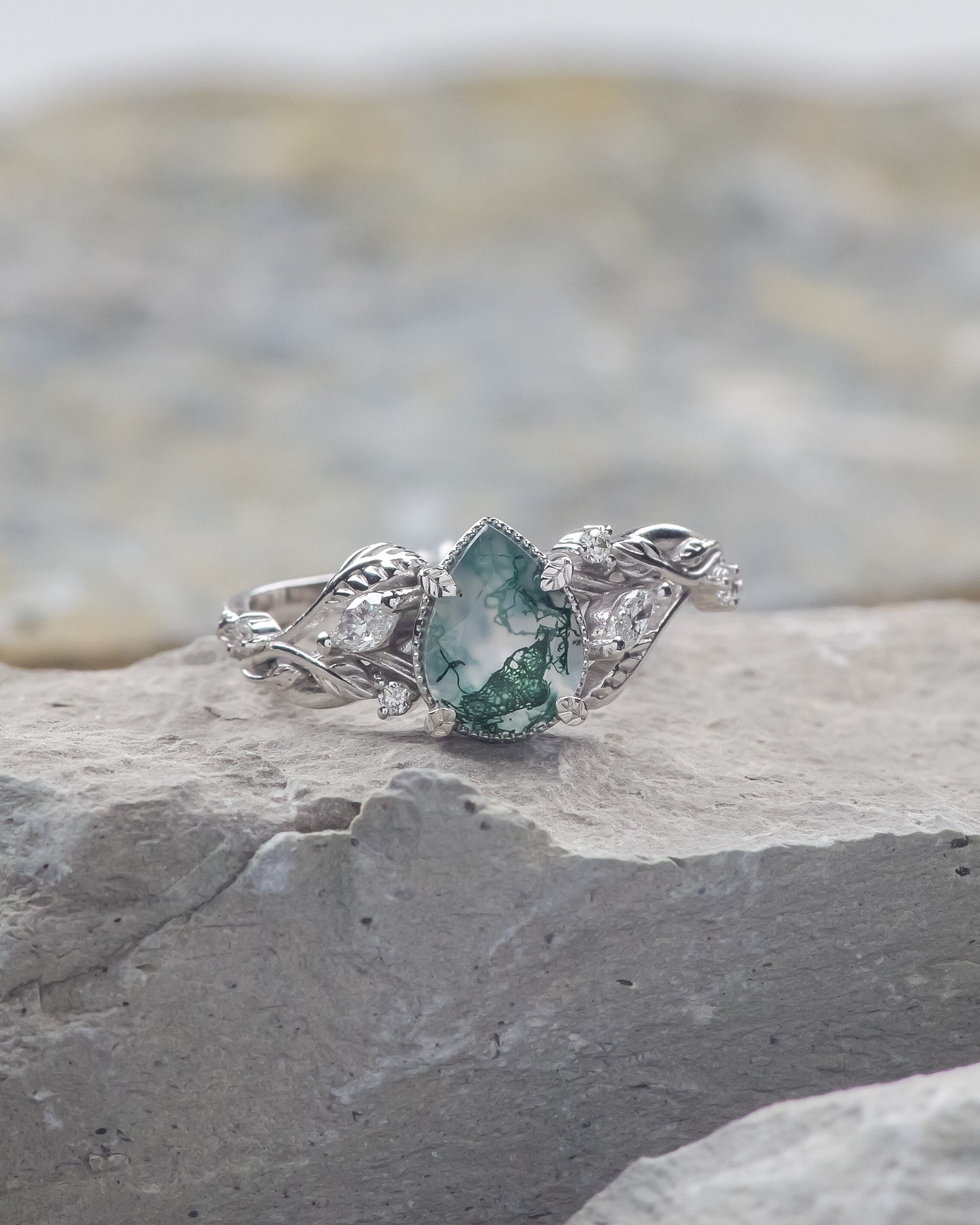 READY TO SHIP: Patricia ring in 14K or 18K white gold, natural moss agate pear cut 8x6 mm, accent lab grown diamonds, AVAILABLE RING SIZES: 4.5 - 9.5 US