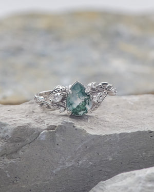 READY TO SHIP: Patricia ring in 14K or 18K white gold, natural moss agate pear cut 8x6 mm, accent lab grown diamonds, AVAILABLE RING SIZES: 4.5 - 9.5 US