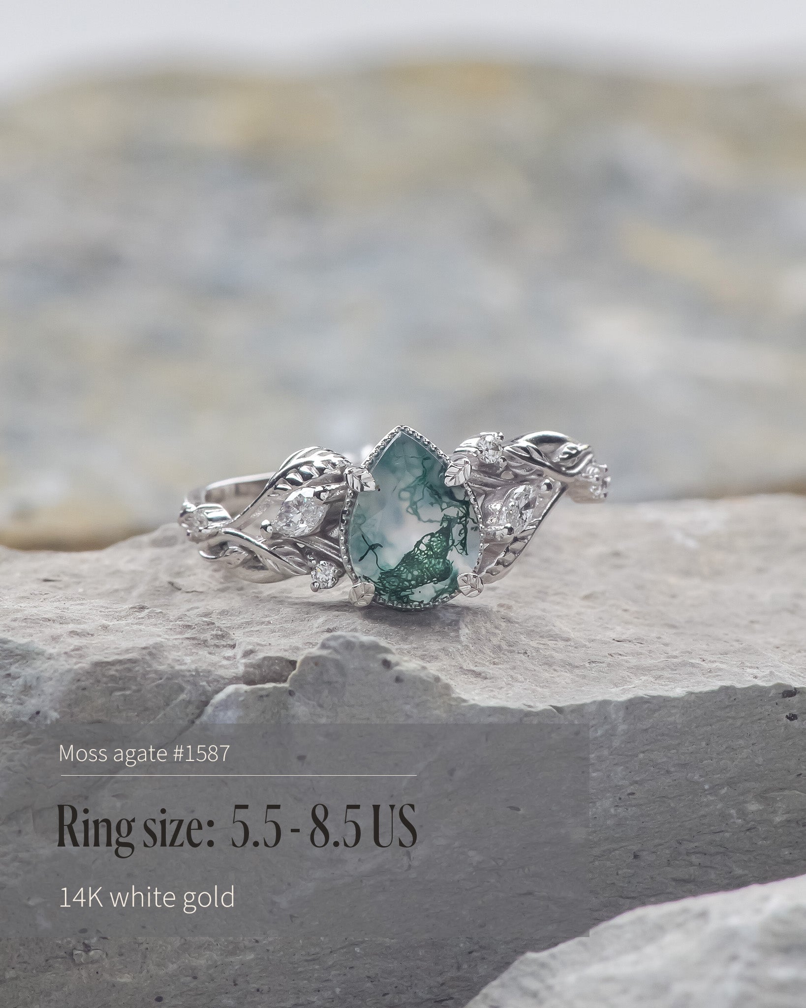 READY TO SHIP: Patricia ring in 14K or 18K white gold, natural moss agate pear cut 8x6 mm, accent lab grown diamonds, AVAILABLE RING SIZES: 4.5 - 9.5 US