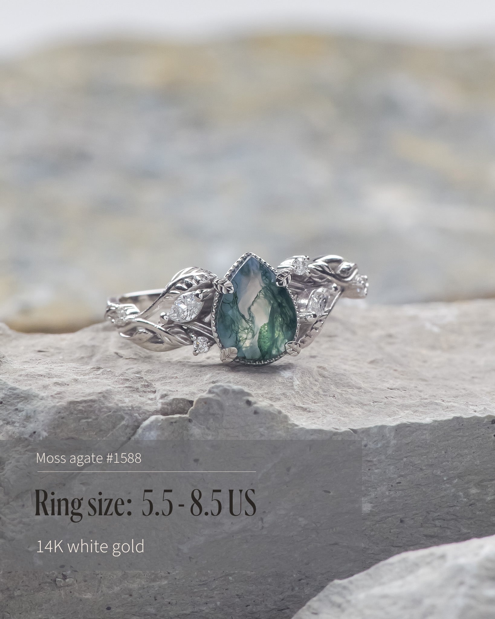 READY TO SHIP: Patricia ring in 14K or 18K white gold, natural moss agate pear cut 8x6 mm, accent lab grown diamonds, AVAILABLE RING SIZES: 4.5 - 9.5 US